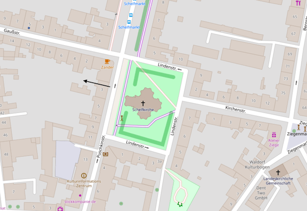 Karte von Openstreetmap mit Treffpunkt gegenüber der Schelfkirche